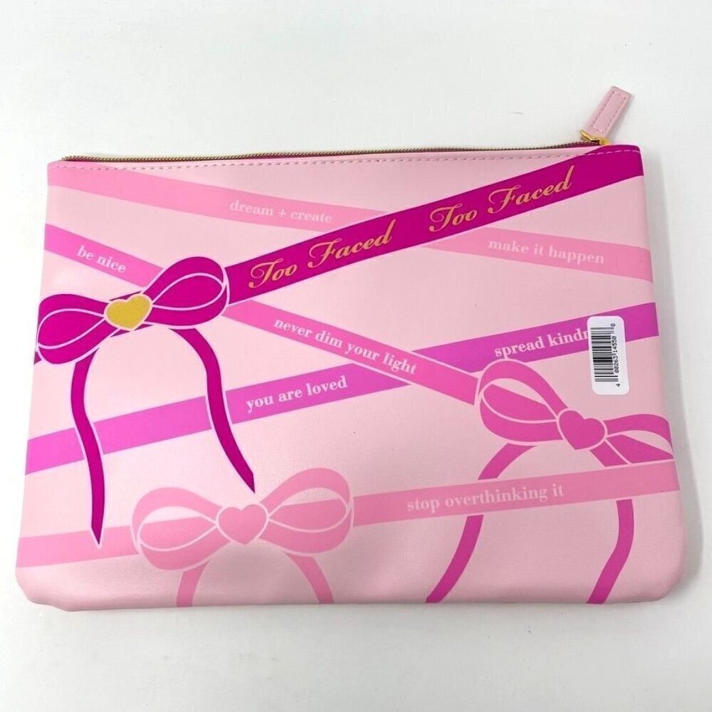Too Faced Cosmetic Envelope Bag Zip Top Vacation Travel Pink Bows - Picture 2 of 4